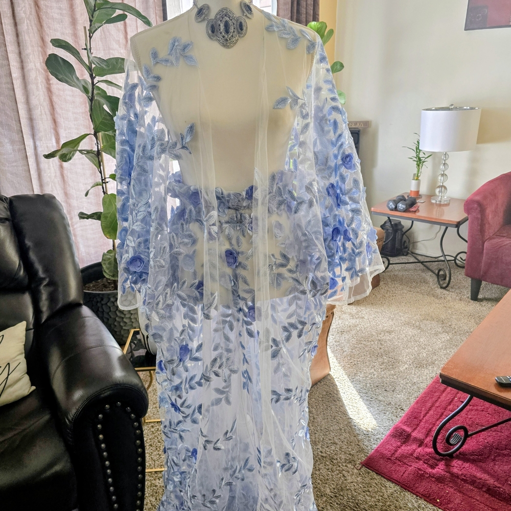 Elegant Blue Floral Sheer Pantsuit